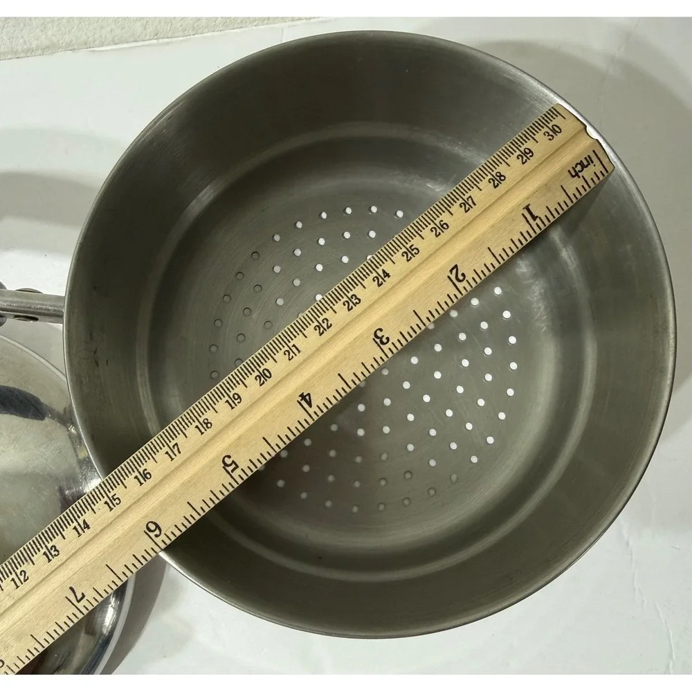 Vintage Stainless Steel Steamer Insert Pot with Lid Black Handle 6.25